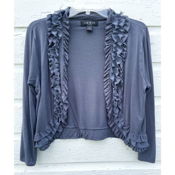 August Silk Cardigan Sweater Womens M Petite Gray Ruffle Collar Crop Shrug Knit - Picture 1 of 4